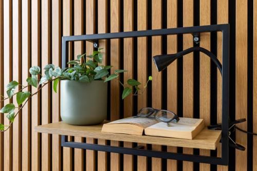 a shelf with a book and a lamp and a plant at VOUSATÁ DÁMA - PS3 - Parking free in Prague