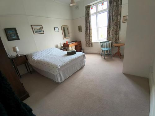 a bedroom with a bed and a desk and a window at Tranquil getaway near Brecon Beacons in Llandovery