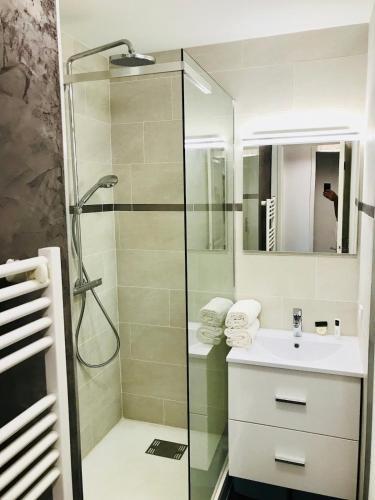 une salle de bain avec douche et lavabo dans l'établissement SUNRISE - Golf de Pont Royal, à Mallemort