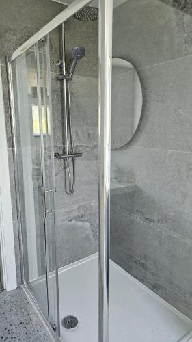 a shower with a glass door in a bathroom at Benji & Milo's Farmhouse in Hillhead