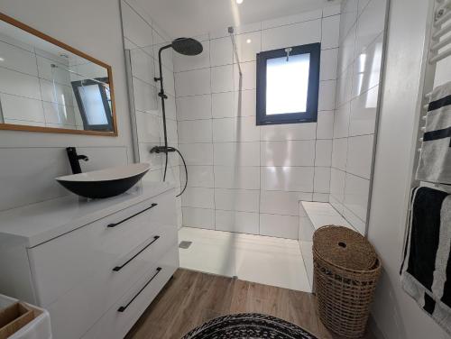 une salle de bain blanche avec un lavabo et une douche dans l'établissement Villa privative avec jardin - 15 min Valence, à Châteaubourg