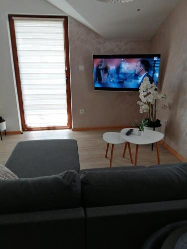 a living room with a couch and a flat screen tv at Sofija in Veliko Gradište