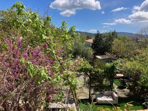 a view of a garden with purple flowers and trees at Chambre d'hôte Les Maisons de Gaïa in Tuchan