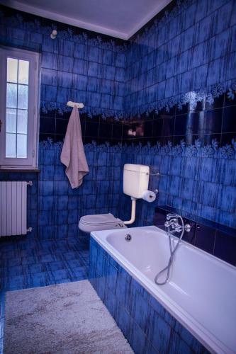 a blue tiled bathroom with a tub and a toilet at La Quiete in Caraglio
