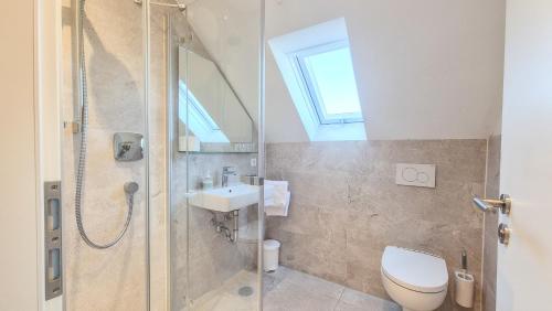 a bathroom with a shower and a toilet and a sink at Gästehaus Hornstein in Nonnenhorn