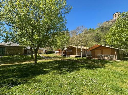 a tree in the middle of a yard with a building at Camping municipal du Moulin Horte sud Aveyron in Plaisance