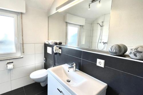a bathroom with a sink and a toilet and a mirror at Ferienhaus Jäger in Friedrichshafen