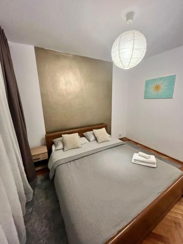 a bedroom with a large bed and a pendant light at Nexus in Miercurea-Ciuc