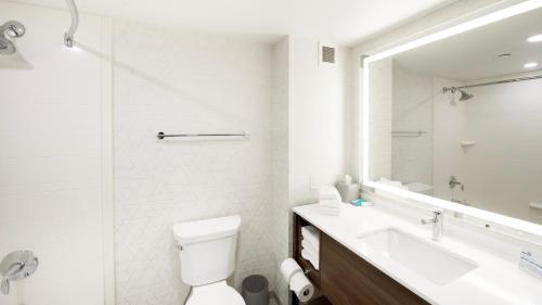 a bathroom with a sink and a toilet and a mirror at Holiday Inn Express Hotel & Suites Waterloo - St. Jacobs Area by IHG in Waterloo