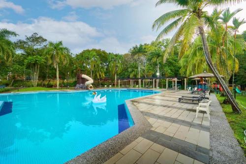 a pool at a resort with palm trees at Swiss Court Holiday Apartments in Lumut