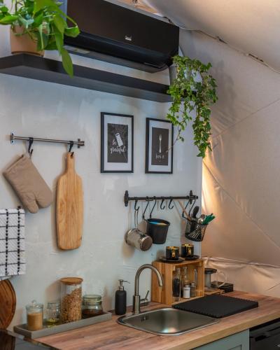 a kitchen with a sink and some plants on the wall at Glamping, Hot Tub & Projector by Nidumm Stay in Maribor