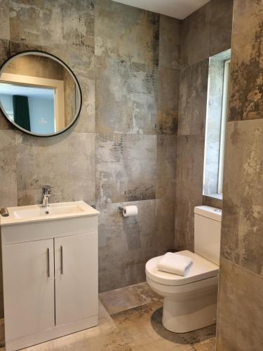 a bathroom with a sink and a toilet and a mirror at Hidden Acres- Deluxe Double Room in Malahide