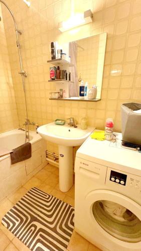 une salle de bain avec un lavabo et une machine à laver dans l'établissement Charmant appartement à Puteaux, à Puteaux