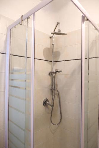 a shower with a shower head and a glass door at Rossese in Riomaggiore