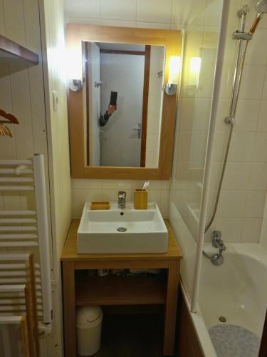 une salle de bain avec un lavabo, un miroir et une baignoire dans l'établissement Résidence Bretagne Douce excellent emplacement 300m de la mer, à Arzon