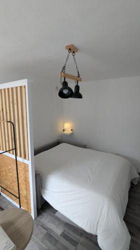 a bedroom with a large white bed and a lamp at La Cabaña Estudio pequeño in Fasnia