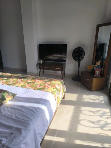 a bedroom with a bed and a television and a mirror at Santa Isabel Campestre in Armenia