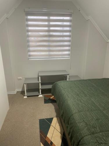a bedroom with a green bed and a window at Casa San Pedro de la Paz in San Pedro de la Paz