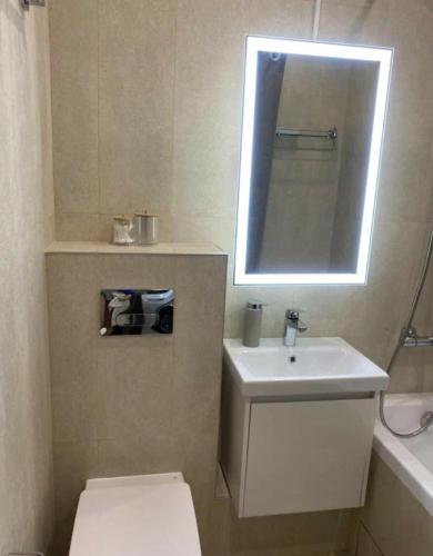 a bathroom with a toilet and a sink and a mirror at Comfortable guest house in a quiet environment in Ulcinj