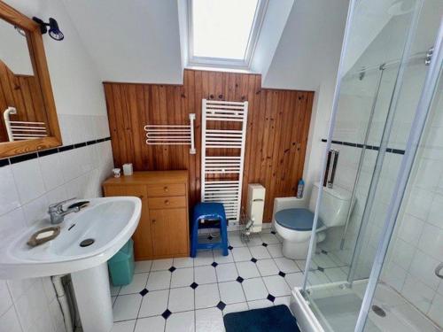 une salle de bain avec un lavabo, des toilettes et une douche dans l'établissement Maison familiale proche plage à Quiberon - FR-1-478-315, à Quiberon