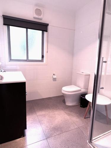 a bathroom with a toilet and a sink and a window at Buchan Motel in Buchan