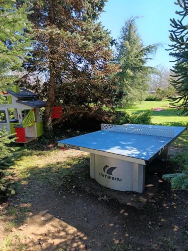 a ping pong table in a park with trees at La Roulotte du Parc in Saint-Priest-des-Champs