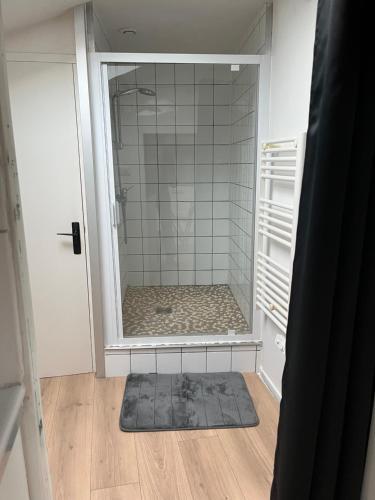 a bathroom with a shower with a glass door at La Tour Ronde in Grézieu-la-Varenne