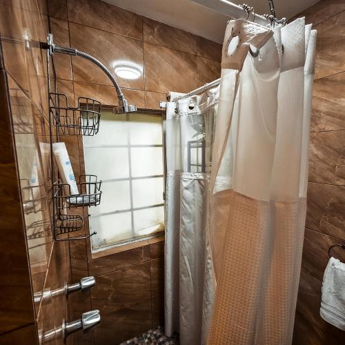 a bathroom with a shower with a shower curtain at Habitación con baño privado A, Centro de Coyoacán in Mexico City