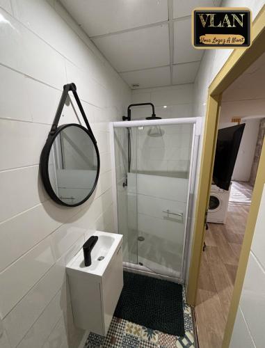 une salle de bain avec un lavabo et un miroir au mur dans l'établissement La Belle Citronnelle Appartement avec Jardin en Centre Ville, à Niort