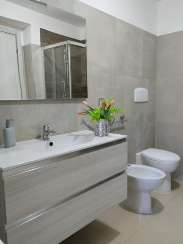 a bathroom with a sink and a toilet and a mirror at Casa vacanza Green in Mattinata
