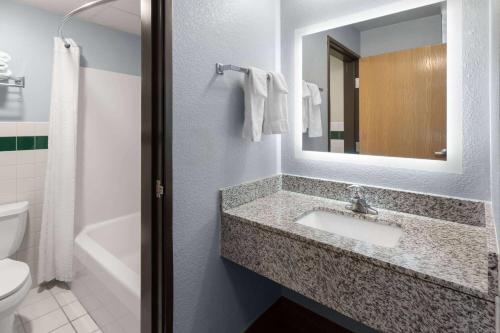 a bathroom with a sink and a toilet and a mirror at AmericInn by Wyndham Oscoda Near AuSable River in Oscoda
