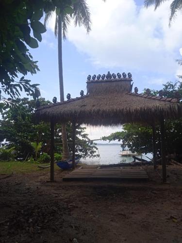 a hut with a straw roof next to the water at batu putih cottage karimunjawa in Karimunjawa
