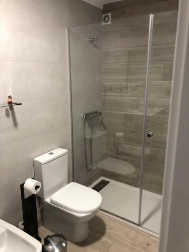 a bathroom with a toilet and a glass shower at casa bilborazin in Albarracín