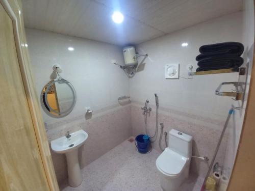 a bathroom with a sink and a toilet and a mirror at Anna Cottages Agonda in Agonda