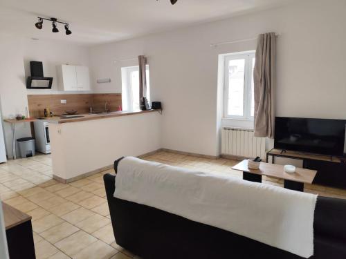 un salon avec un canapé et une cuisine dans l'établissement Spacious Light Apartment, à Montélimar