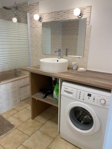 une salle de bain avec un lavabo et une machine à laver dans l'établissement Spacious Light Apartment, à Montélimar