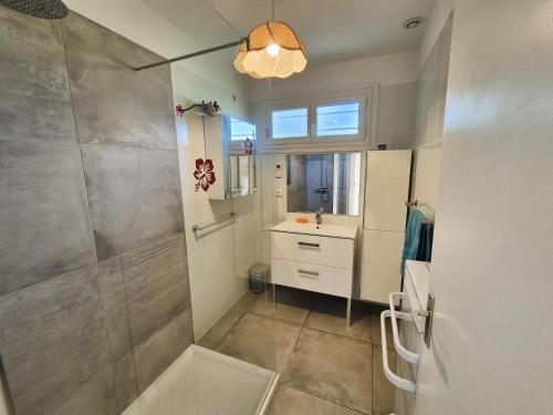 une salle de bain avec douche et lavabo dans l'établissement Villa 3 chambres au centre de Saint Mandrier village, à Saint-Mandrier-sur-Mer