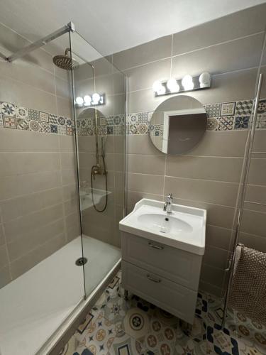 une salle de bain avec un lavabo et une douche dans l'établissement Cozy Apartment Old Antibes, à Antibes