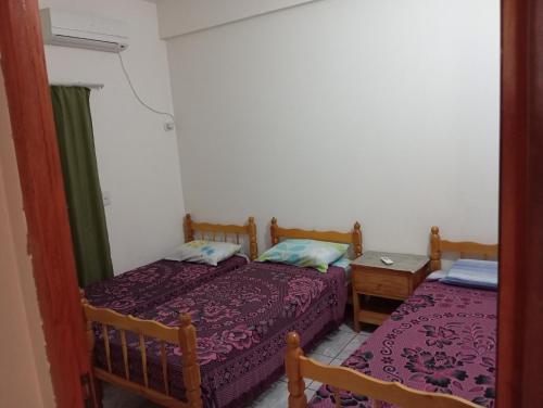 een slaapkamer met 2 bedden, een tafel en een spiegel bij Departamentos céntrico Las Guayabas in Puerto Iguazú