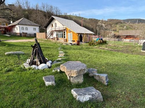a group of rocks in a yard with a house at Casa Adela in Neagra