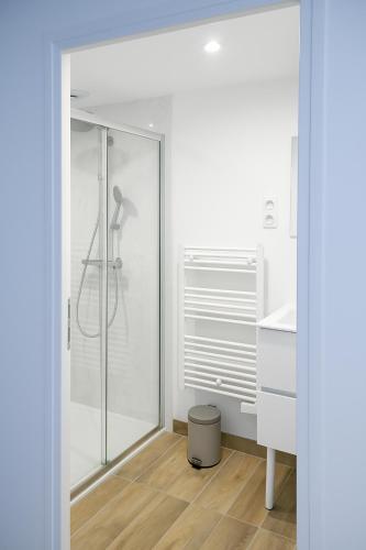 une salle de bain avec douche et porte vitrée dans l'établissement Maison des Hirondelles, à Yvré-lʼÉvêque