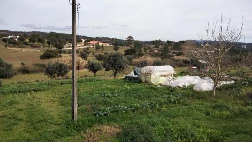 a field with a farm with tents and a pole at Caravana em Quinta das Lameiras in Tomar