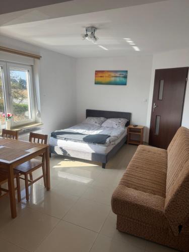 a bedroom with a bed and a couch and a table at Zuzanna in Trzęsacz
