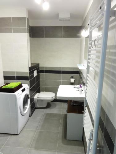 a bathroom with a washing machine and a sink at Apartments 4U center + free parking in Olomouc