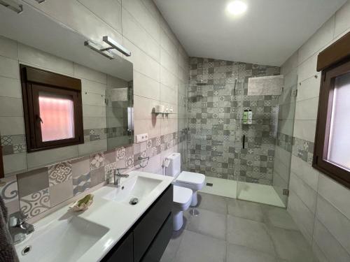 a bathroom with a sink and a toilet and a mirror at Casa Rural Hanega in Manzanares