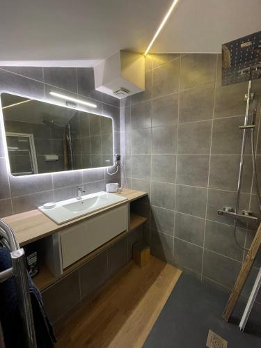 une salle de bain avec un lavabo et un miroir dans l'établissement Ville/Vieille ville appartement climatisé au calme, à Annecy