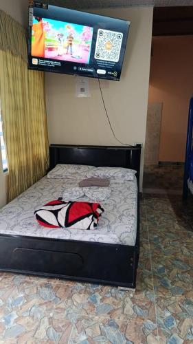 a bed in a room with a tv on the wall at Finca Campestre El Pindal in Guamal