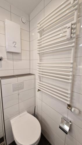 een witte badkamer met een toilet en een toiletpapierdispenser bij Harztraum in Altenau