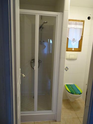 La salle de bains est pourvue d'une douche en verre et de toilettes. dans l'établissement Petite maison avec piscine privée, à Marsalès