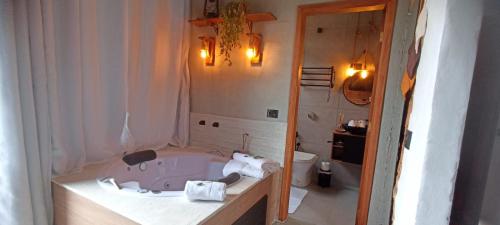 a bathroom with a bath tub and a toilet at Vale Infinito Chalé in Córrego do Bom Jesus